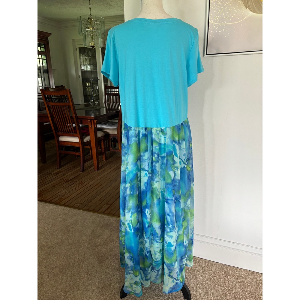 LOGO by Lori Goldstein Turquoise Watercolor Mixed Media Maxi Dress Sz M - Picture 3 of 9